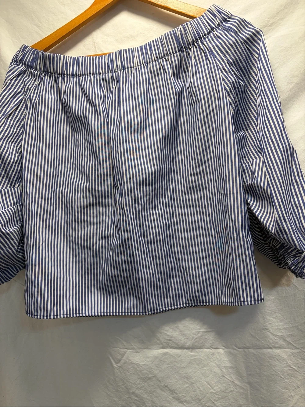 Zara Blue and White Striped Off-Shoulder Blouse